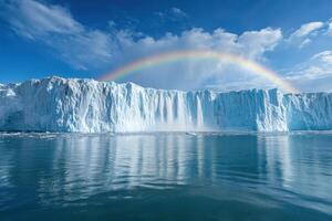 Large blue iceberg stands tall in arctic waters. Rainbow appears in the sky with bright blue clouds. Water flows off the ice into the sea. photo