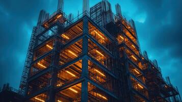 Construction framework of large unfinished building with visible rebar against a cloudy blue sky with vibrant orange interior lighting at dusk. photo