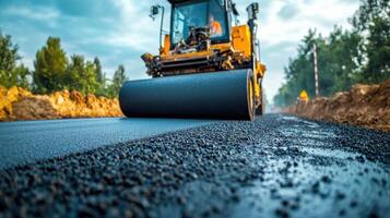 Yellow road roller smooths new asphalt on street. Heavy equipment work during construction. Fresh pavement with trees and cloudy sky in the background. photo