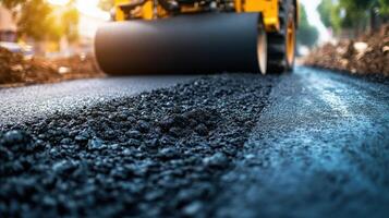 Road roller machine flattening new asphalt on a street. Close up of pavement and fresh tarmac. Urban road construction work. photo