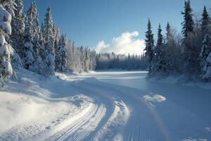Snowy winter landscape with cross country ski track. Forest trees covered in snow on sunny day. Peaceful winter scene with blue sky. photo