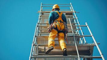 Worker wearing safety gear climbs metal scaffolding against blue sky. Person ascends structure with ropes harness and protective helmet on a sunny day. photo