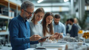 Team reviews building model. Man holds tablet. People discuss project in office. Architecture concept with group and building plan model. photo