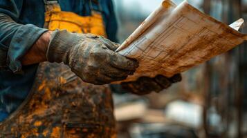Construction worker looks at stained architectural plans. Dirty gloves and work clothing. Outdoor construction site with blurred background. Close up of blueprint. photo