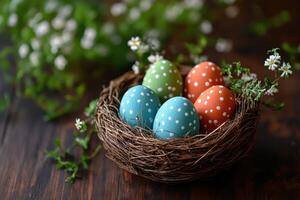 Happy Easter. Colorful speckled eggs sit in natural bird nest. Small white flowers decorate wooden table. Green and orange eggs show polka dots. photo