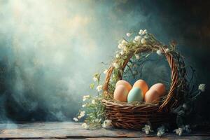 Happy Easter. Basket with colorful eggs and white flowers on a wooden surface. Light shines on the composition. Background with blurred blue tones. photo