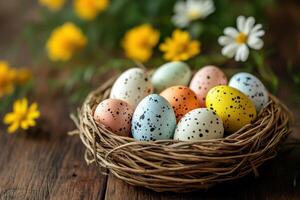 Happy Easter. Colorful speckled eggs rest inside woven nest on wooden surface. Yellow flowers bloom in soft focus background. Springtime scene with rustic charm. photo