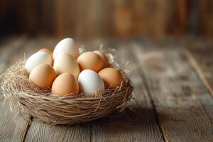 Happy Easter. Eggs in nest on wooden table. Assorted brown and white eggs lie naturally. Rustic background with farm fresh organic eggs. photo