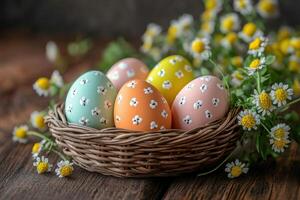 Happy Easter. Painted colorful eggs in brown woven basket. Daisy flowers around eggs on wood surface. Festive decorations with floral pattern. Spring still life. photo