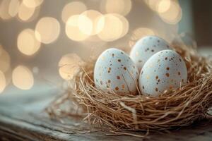 Happy Easter. Three white eggs with gold spots sit in a brown nest on a wood surface with soft golden light in background photo