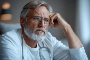 Man wearing glasses rests his head on his hand. He is looking forward thoughtfully. White lab coat and stethoscope are visible. Soft lighting. photo
