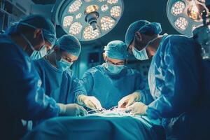 Medical team performs surgery in operating room. Surgeons in sterile clothing work carefully under bright lights. Focus on hands and surgical instruments. photo