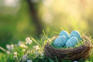 Happy Easter. Four speckled eggs sit nestled inside woven bird nest in grass. Small white flowers dot the green field. Sunlight shines on the soft background. photo