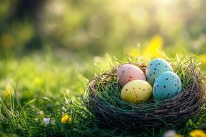 Happy Easter. Colorful speckled eggs nestled in a natural twig nest sitting in a field of green grass and small flowers in the spring sunshine photo