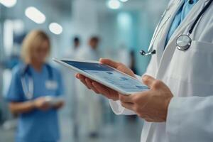 Physician in white coat holds tablet. Doctor checks information using digital technology inside modern clinic. Medicine and healthcare industry professional uses app. photo