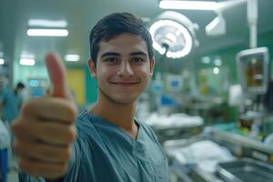 Young medical worker smiles and gives thumbs up in an operating room with equipment. Bright lights shine down. A positive message for medical support. photo