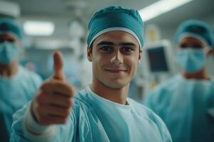 Smiling medical worker shows thumbs up. Group of masked people wearing scrubs. Modern operating room backdrop. Healthcare worker giving approval. photo