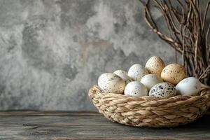 Happy Easter. Speckled eggs in woven basket on wooden table. Grey textured backdrop with rustic branches. Still life of easter eggs arrangement. photo