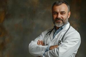 Medical professional wearing a white coat with stethoscope crosses arms smiling. Studio shot against a dark background with abstract texture. Portrait of confidence. photo