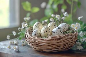 Happy Easter. Spotted eggs in a woven nest on wooden surface. Small white flowers surround eggs. Green leaves background. Natural light shining from window. photo