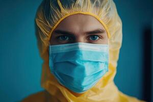 Close up of a person wearing a yellow protective suit and a blue face mask looking at the viewer against a blue background photo