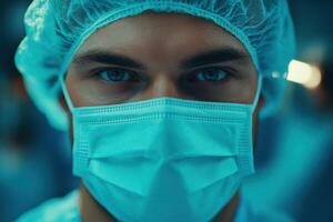 Medical Professional in Mask and Cap Looking Intensely. Healthcare Worker Ready for Surgery. Close up Portrait with Bright Eyes. Operating Room Background. photo