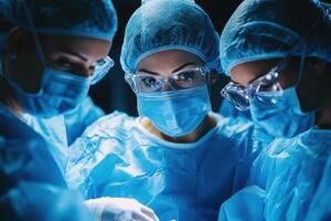 Three surgeons work together. They wear masks and caps in a sterile environment. Bright light shines during the surgical procedure in the operating room. photo