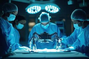 Medical professionals in scrubs operate on robot at modern surgical table under bright lights in sterile operating room at hospital using advanced technology photo