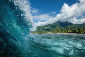 Ocean wave breaking near tropical beach. Turquoise water and lush green mountains under bright blue sky with scattered clouds. Coastal paradise scene. photo