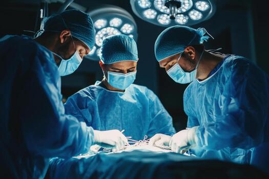 Surgeons working in operating room. Team wearing protective uniform and masks. Professional surgery under bright lights during operation procedure. photo