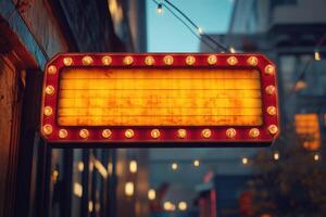 Illuminated sign glows on building exterior. Lights border red frame and illuminate blank yellow panel. Urban background shows city building and hanging string lights. photo