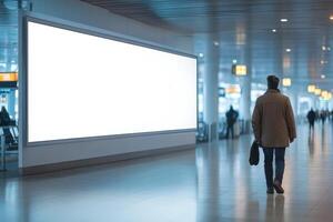Man walks away in a modern airport hall. Large blank billboard near the walkway is ready for custom advertisement. Light floor. photo