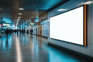 Blank billboard on station wall with blurry crowd. Empty advertising banner in subway tunnel. Urban space with copy space. White poster template. photo