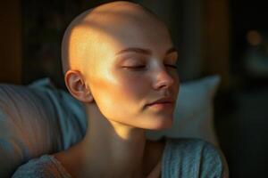 Bald woman rests with eyes closed indoors. Light shines on her face near a pillow. Peaceful quiet moment of serenity and wellness. photo