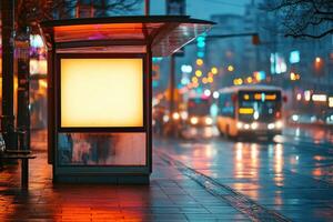 Illuminated advertisement display at bus stop on wet city street. Vehicles drive by at night with bright bokeh lights. photo