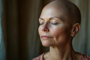Bald woman with closed eyes meditates indoors. Peaceful face shows tranquility and calmness. Soft light illuminates skin near a window. Serene atmosphere photo