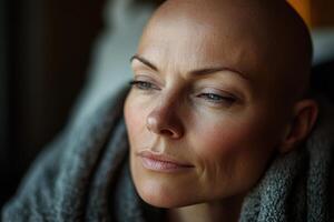 Close up portrait of a thoughtful bald woman wrapped in gray blanket looking away near window with soft light indoors photo