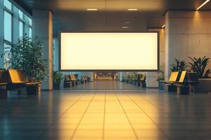 Large blank billboard shines indoors. Long hallway setting with plants and benches. Modern interior advertising space in building with tile flooring. photo