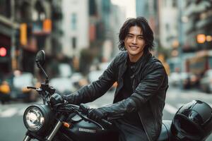 Smiling man in leather jacket sits on motorcycle. He is on a city street with buildings and other traffic behind him. Helmet next to him. photo