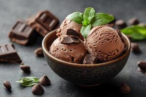 Chocolate ice cream scoops in bowl with chocolate pieces and mint leaves on dark surface. Delicious frozen dessert concept. photo