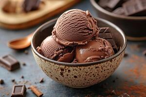 Chocolate ice cream scoops in a speckled bowl with chocolate chunks on a table with cocoa powder. Dessert still life. photo
