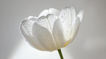 Single white tulip flower close up with water droplets on petals in soft light against a light gray background. Fresh and pure. photo