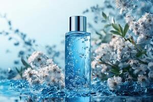 Blue liquid bottle with water bubbles. White flowers surround a bottle with a silver cap and splashing drops. Water flows gently. photo