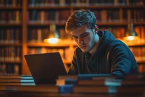 Student studies using a laptop in a library at night. A person reads on computer surrounded by books. Warm lighting and knowledge. photo
