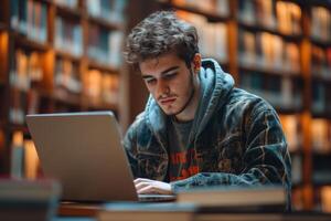 Young man types on a laptop in a library. Bookshelves filled with books in the background. Focused student working on computer at desk. photo