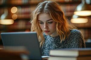 Young woman using laptop. She is in a library. Books are stacked nearby. Warm light illuminates the scene. She is concentrating. photo