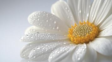 White daisy flower close up with water droplets on petals and a yellow center against a plain background photo