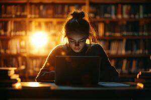 Girl works on computer in library. Warm light illuminates bookshelves. Student studies late. Focused woman typing on laptop. Education and knowledge concept. photo