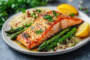 Grilled Salmon Fillet with Quinoa Asparagus and Lemon Wedges on a White Plate. Close up of Healthy Food with Fresh Vegetables. photo