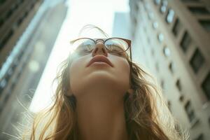 Woman looks up at tall buildings. She wears glasses with sun shining down. View from below showing sky with blonde hair. photo